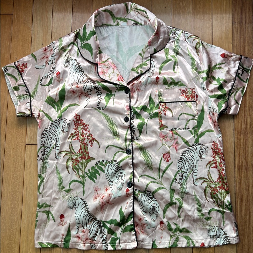 Y2K Pink Satin Tiger & Floral Print PJ Set | Long Sleeve Loungewear